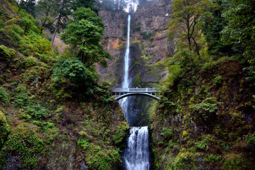 A scenic waterfall cascades down rocky cliffs, with a bridge spanning over the lower falls, surrounded by lush greenery.