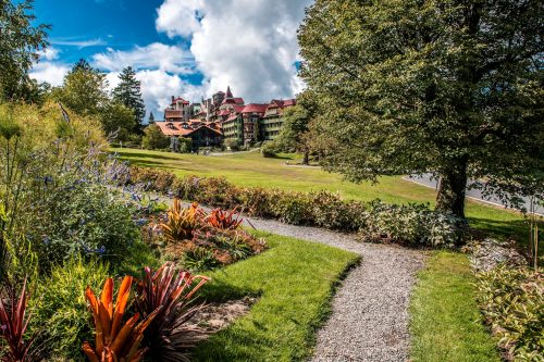 A scenic pathway lined with colorful plants leads to a grand building surrounded by lush greenery and blue skies.