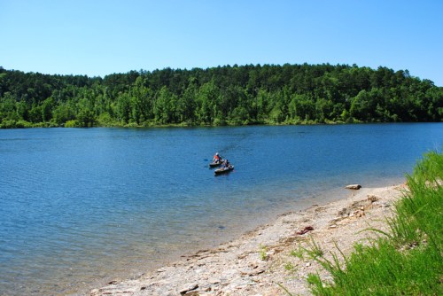 Two people fishing from a small boat on a calm lake, surrounded by lush green trees under a clear blue sky.