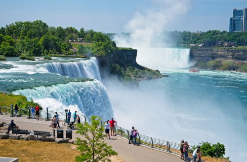 A scenic view of Niagara Falls with visitors along the path, lush greenery, and mist rising from the cascading water.