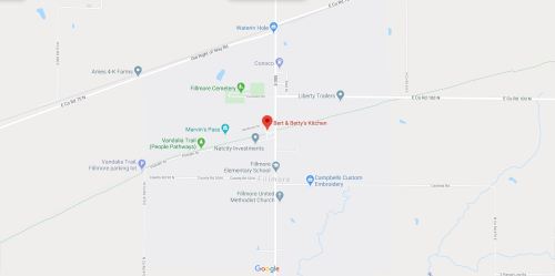 Map showing the location of Bert & Betty's Kitchen in Fillmore, with nearby landmarks and roads labeled.