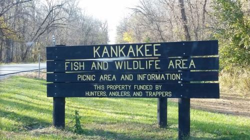 Sign for Kankakee Fish and Wildlife Area, indicating a picnic area and funded by hunters, anglers, and trappers.