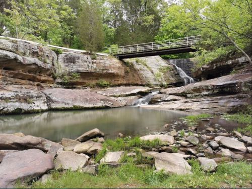 A serene landscape featuring a rocky creek, a small waterfall, and a wooden bridge surrounded by lush greenery.