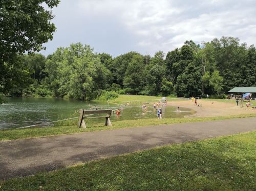 A park scene with children playing near a pond, surrounded by trees and a sandy area, under a cloudy sky.