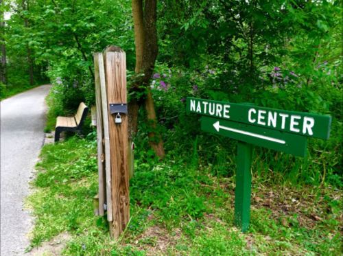A wooden sign pointing left to a Nature Center, next to a path and a bench surrounded by greenery.