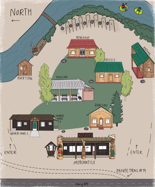 Map of a campsite featuring cabins, a pavilion, restrooms, and a river, labeled with directions and points of interest.