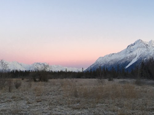 A serene landscape featuring snow-capped mountains and a pastel pink sky over a frosty meadow.