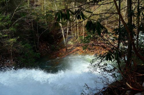 A serene river scene with flowing water, surrounded by lush greenery and trees.