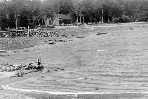 Black and white image of a shoreline with gentle waves, a small cabin in the background, and trees lining the shore.