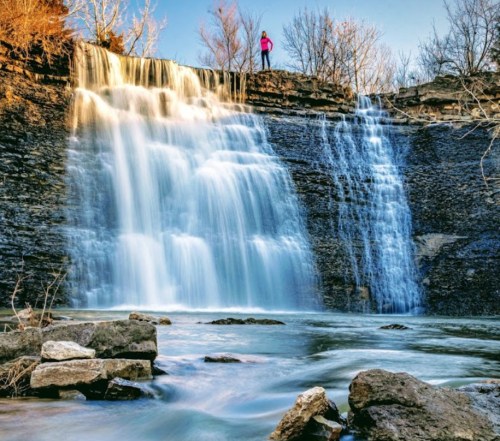 A person stands atop a rocky ledge by a cascading waterfall, surrounded by trees and a clear blue sky.