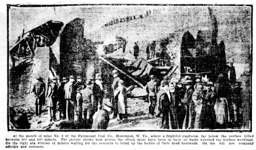 Image of a mining disaster scene with miners and officials gathered around wreckage after an explosion in West Virginia.