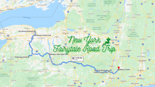 Map showing a route for a "New York Fairytale Road Trip" from the Strong Museum to Wing's Castle.