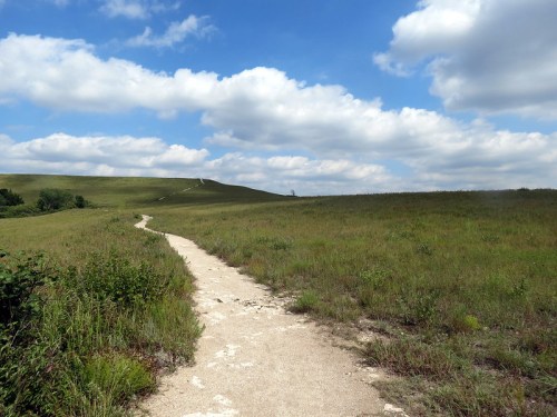 A winding dirt path leads through a grassy field under a blue sky with fluffy clouds.