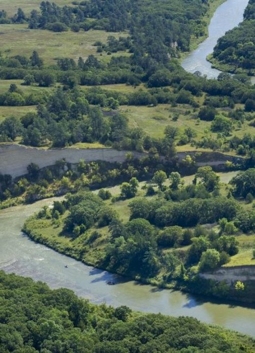 Aerial view of winding rivers surrounded by lush green fields and trees in a rural landscape.