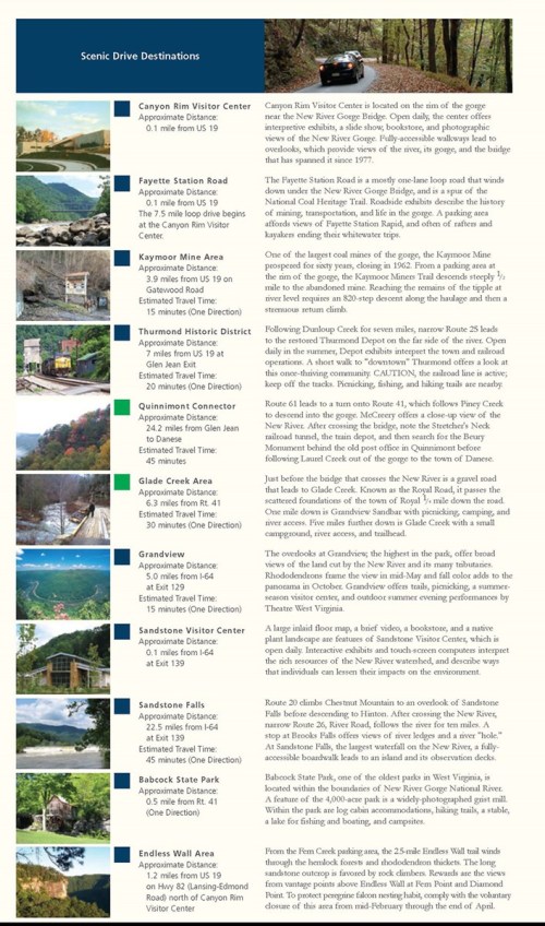 A scenic guide featuring various destinations, including maps, photos, and descriptions of attractions and drives.