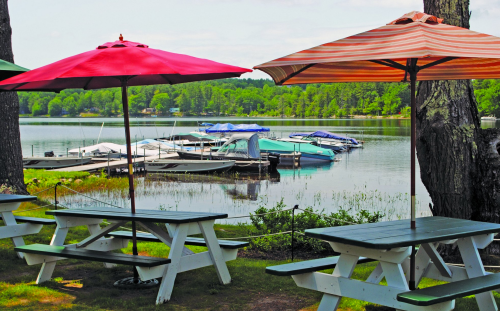 Two colorful umbrellas shade picnic tables by a calm lake, with boats docked nearby and trees in the background.