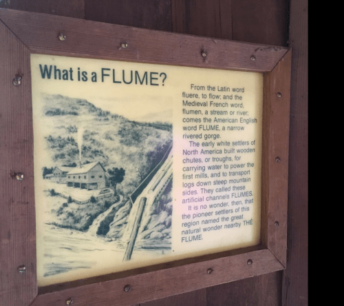 Sign explaining the concept of a flume, its history, and its use in transporting water and logs.