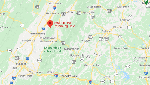 Map showing the location of Mountain Run Swimming Hole near Harrisonburg, Virginia, within Shenandoah National Park.