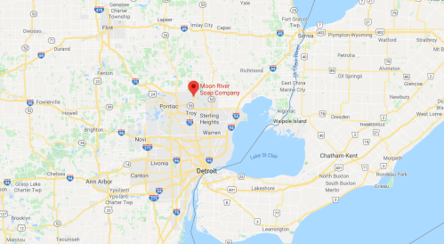 Map showing the location of Moon River Soap Company near Pontiac, Michigan, with nearby highways and cities labeled.
