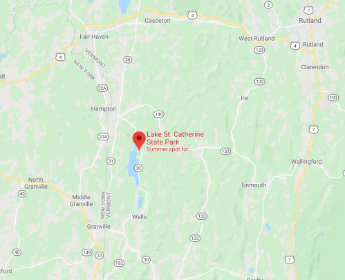 Map showing Lake St. Catherine State Park in Vermont, highlighting it as a summer destination.