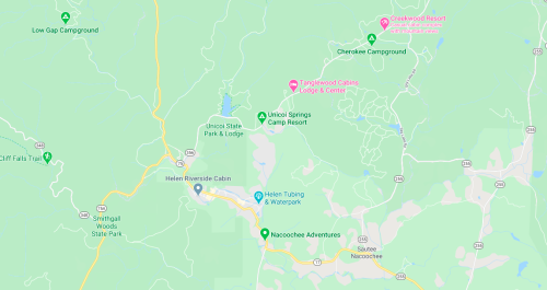 Map showing various campgrounds and resorts in the Helen, Georgia area, including Cherokee Campground and Lincoln Springs Camp Resort.