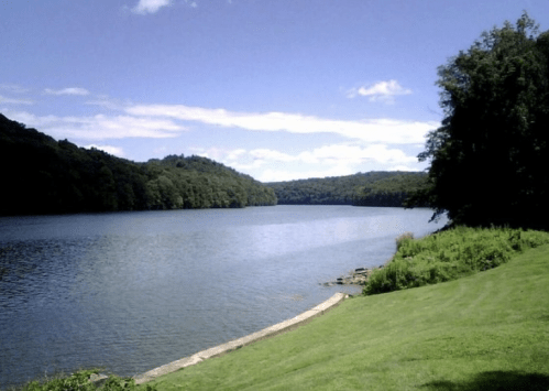 A serene lake surrounded by lush green hills under a clear blue sky, with a grassy shore in the foreground.