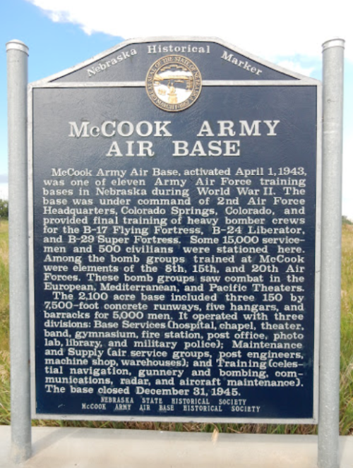 Historical marker for McCook Army Air Base, detailing its role during WWII and operational features.