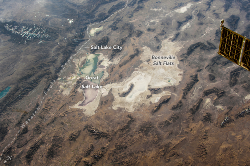 Aerial view of the Great Salt Lake and Bonneville Salt Flats, with Salt Lake City labeled nearby.