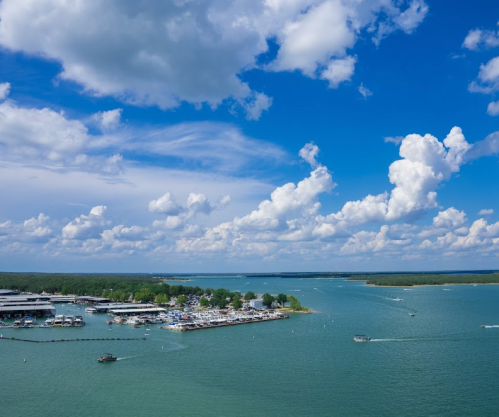 A scenic view of a marina with boats, surrounded by water and lush greenery under a blue sky with fluffy clouds.