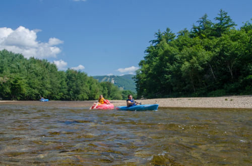 Two people kayaking on a river surrounded by lush green trees and mountains under a clear blue sky.