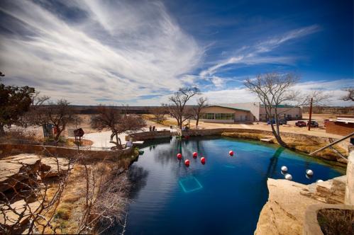 A serene blue pond surrounded by trees and a building, with colorful buoy markers floating on the water's surface.