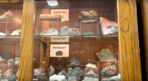 Display case filled with various mineral specimens labeled "Inosilicates."