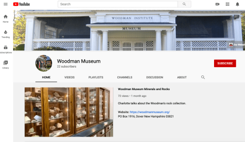 YouTube channel page for Woodman Museum, featuring videos about minerals and rocks, with a display case in the background.