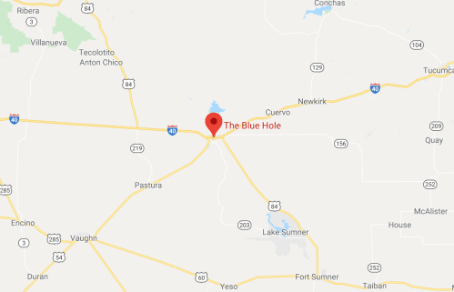 Map showing the location of "The Blue Hole" near Cuervo, New Mexico, with nearby highways and towns labeled.