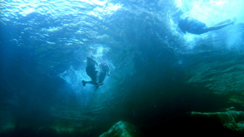 Two swimmers underwater, surrounded by bubbles and sunlight filtering through the surface. Rocks visible below.