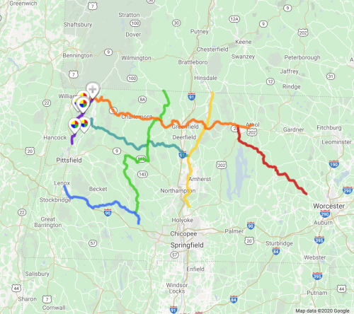 Map showing a route with colorful lines through western Massachusetts, highlighting various towns and highways.