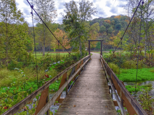 A wooden suspension bridge leads into a lush, green landscape with trees and a cloudy sky in the background.