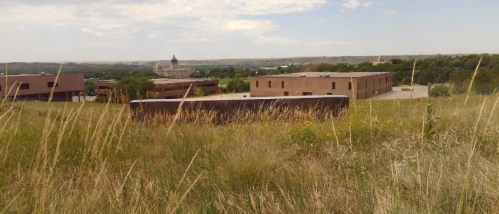 A view of a grassy landscape with modern buildings in the foreground and distant hills under a cloudy sky.