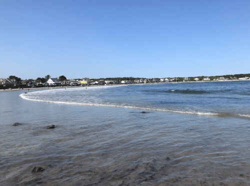 A serene beach scene with gentle waves, clear blue skies, and a distant shoreline lined with houses.