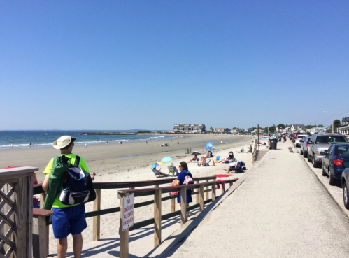 A sunny beach scene with people walking, sunbathing, and enjoying the ocean, lined with cars and beach umbrellas.