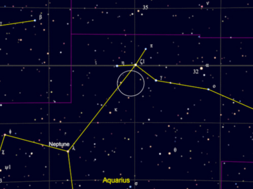 Star map showing the constellation Aquarius, with lines connecting stars and highlighting Neptune's position.
