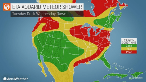 Map showing viewing conditions for the Eta Aquarid meteor shower across the U.S., with areas marked as good, fair, and poor.