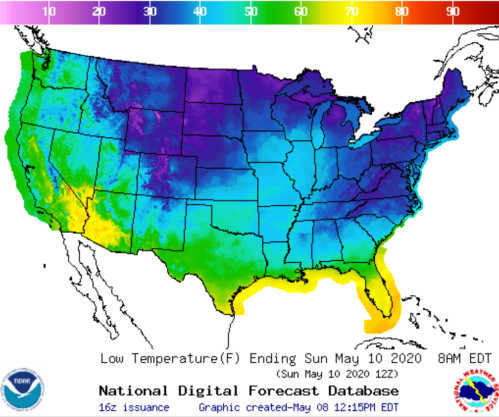 Map of the U.S. showing low temperatures in Fahrenheit for May 10, 2020, with color gradients indicating temperature ranges.