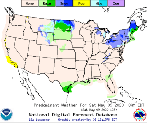 Weather map of the U.S. for May 9, 2020, showing rain, snow, fog, and mixed conditions across various regions.