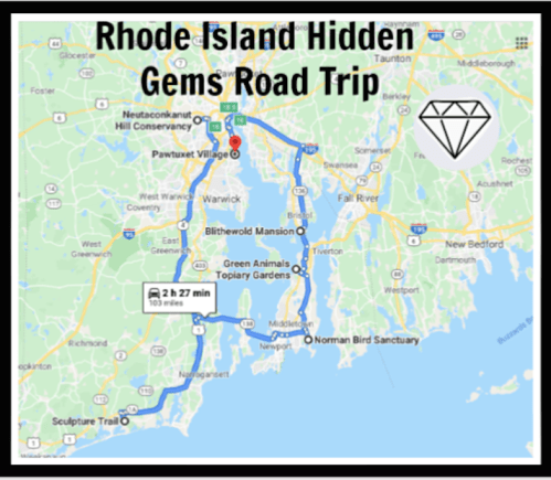Map of a Rhode Island road trip highlighting hidden gems, including Pawtuxet Village and various attractions.