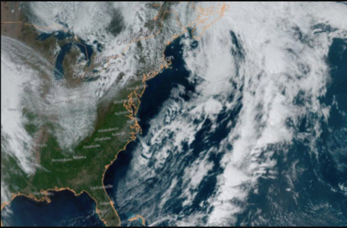 Satellite image showing the eastern United States with clouds over the Atlantic Ocean and clear skies inland.