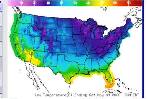 Map of the U.S. showing low temperatures in Fahrenheit for May 9, 2020, with a color gradient from blue to yellow.