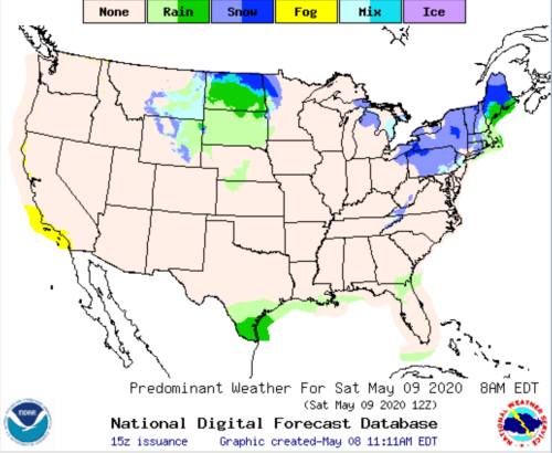 Weather forecast map of the U.S. for May 9, 2020, showing rain, snow, fog, and mixed conditions across various regions.