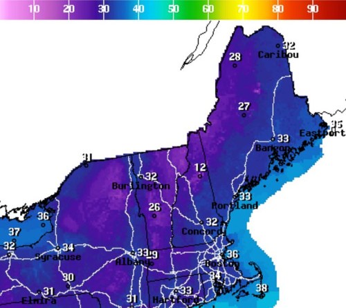 Map of northeastern U.S. showing temperature variations, with color gradient indicating temperatures from 10°F to 40°F.