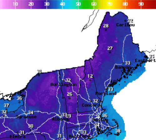 Map of New England showing temperature variations, with values ranging from 12°F to 39°F across different regions.
